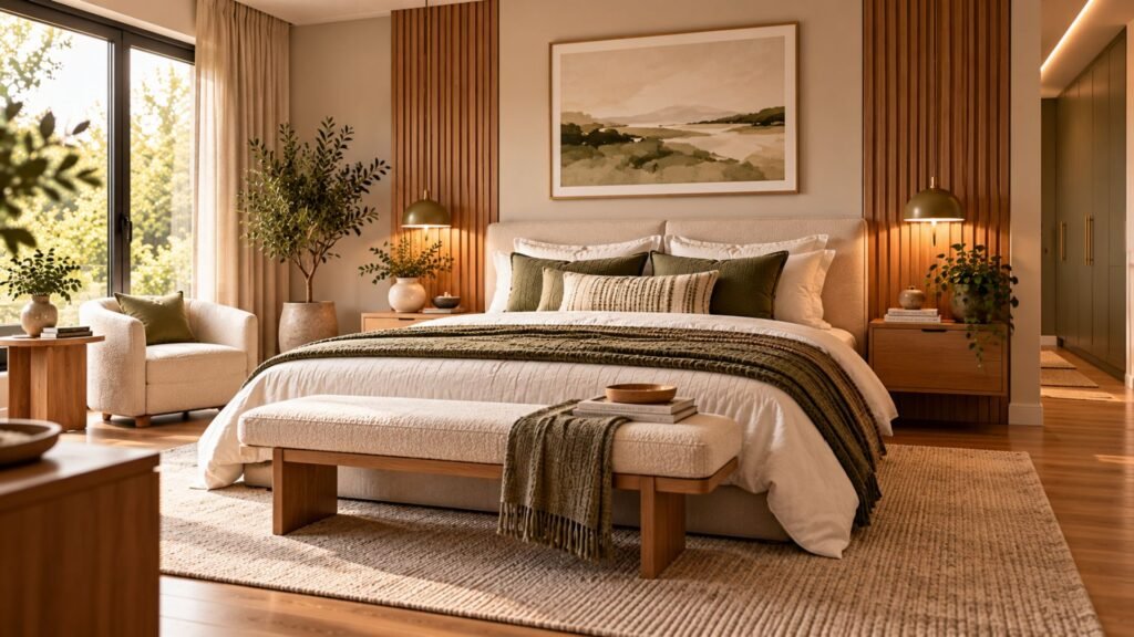 Modern bedroom ideas with warm neutral colors, streamlined furniture and layered natural materials