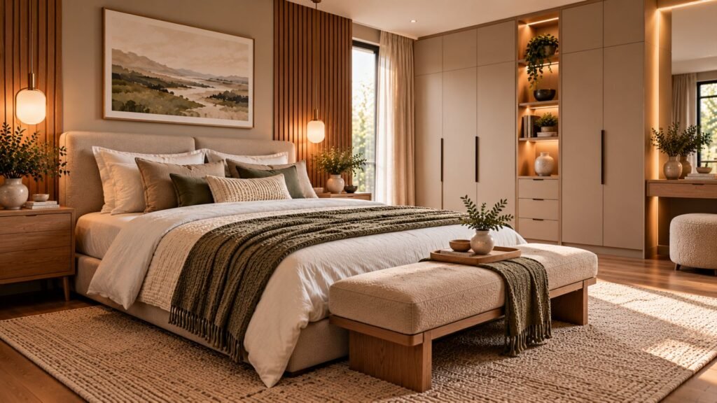 Modern bedroom with full-height integrated wardrobes and a clean uncluttered furniture layout