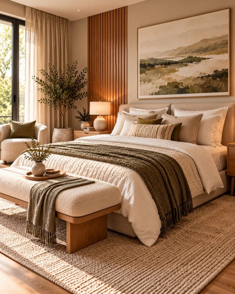 Neutral modern bedroom layered with linen bedding, wool textiles, upholstered furniture and natural wood