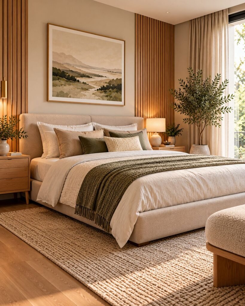 Modern bedroom with a low-profile upholstered bed, warm wood furniture and restrained neutral colors