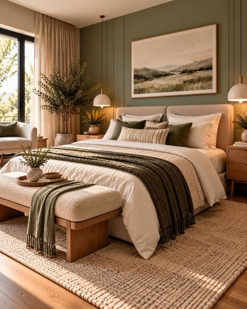 Modern bedroom using muted olive green with warm wood, cream textiles and restrained contemporary furniture