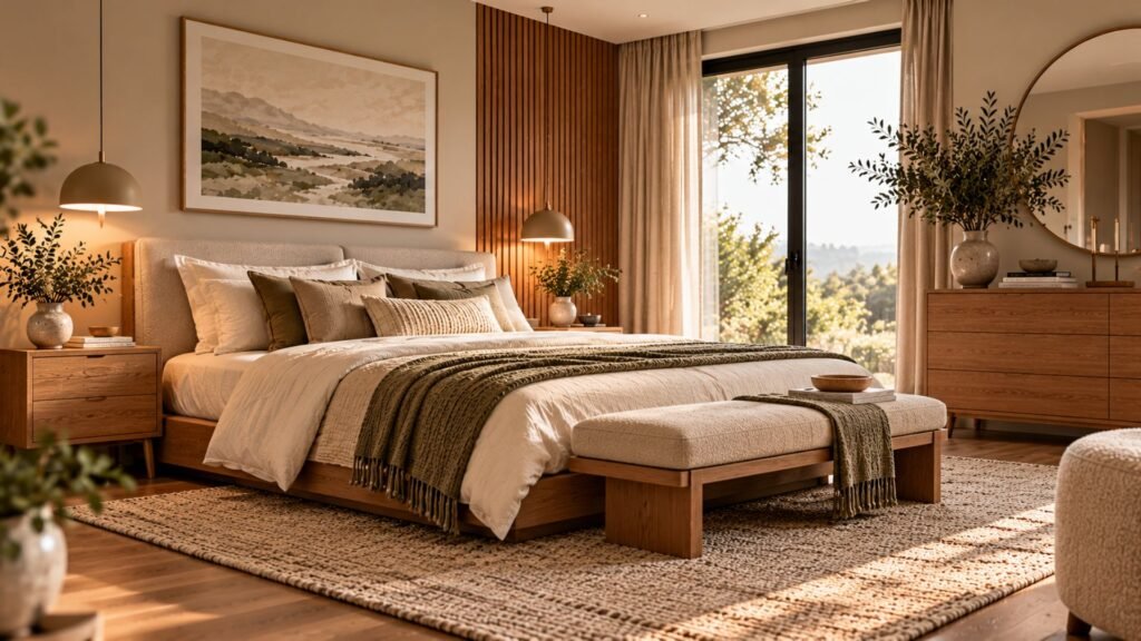 Warm modern bedroom combining natural wood furniture with cream bedding and simple contemporary forms