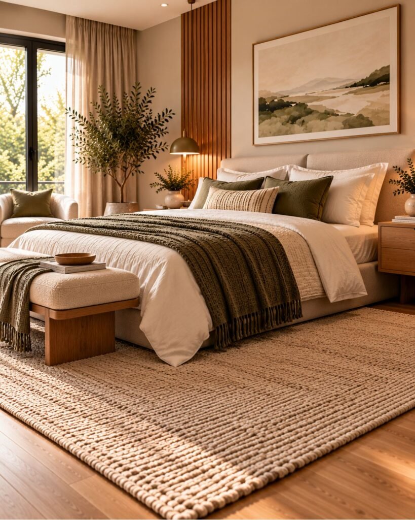 Modern bedroom with a large textured rug proportioned to the bed and surrounding furniture