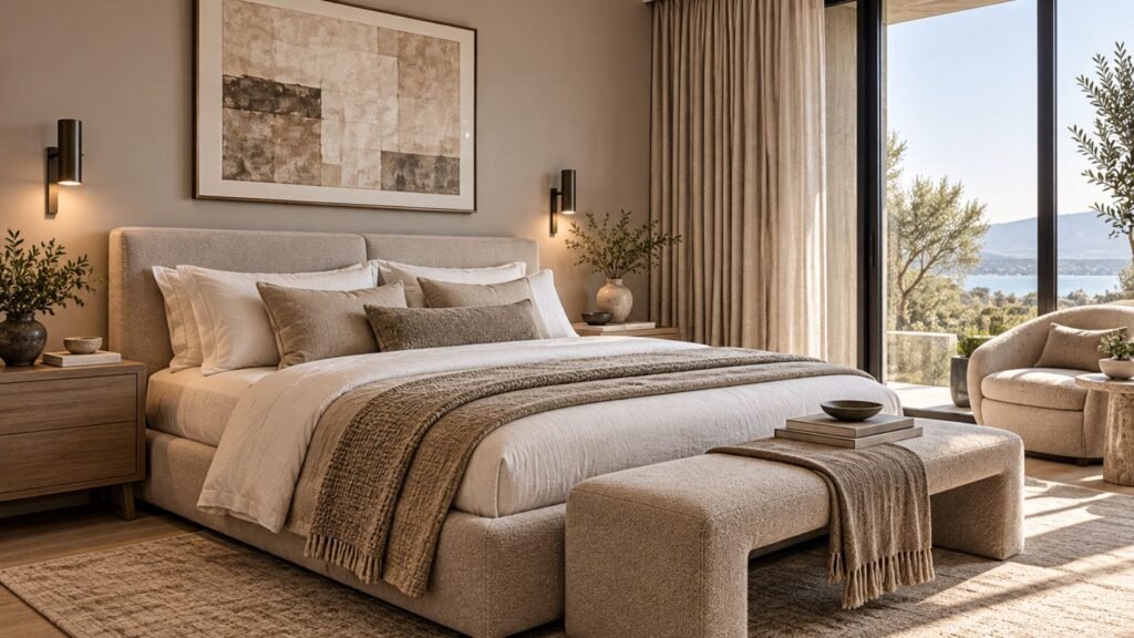 Modern greige bedroom with a low upholstered platform bed, graphite wall lights and streamlined ash furniture.