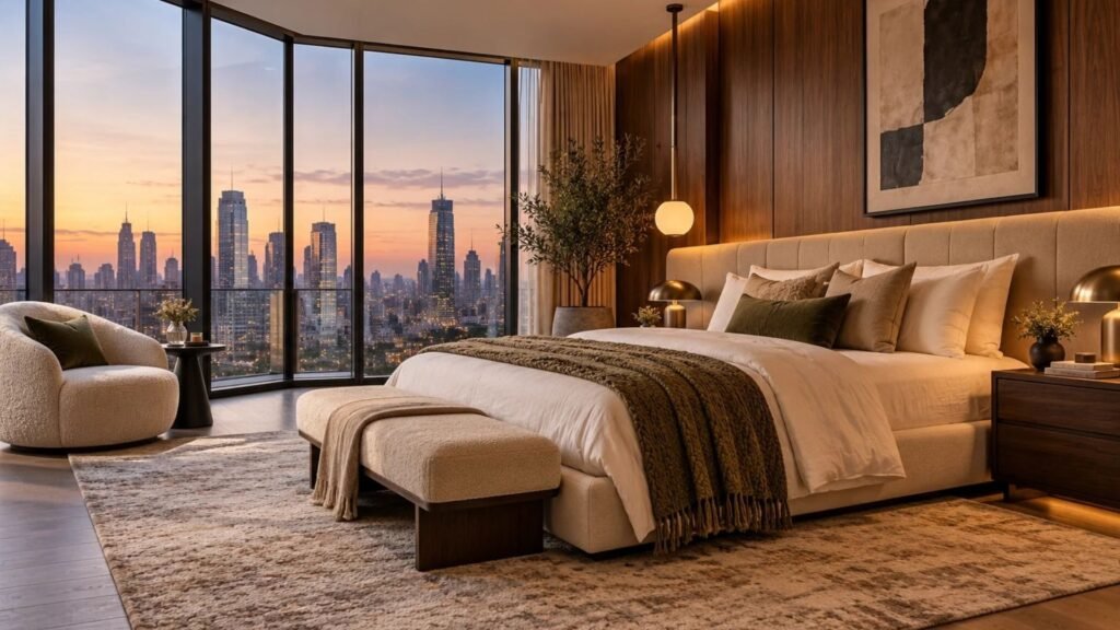 Contemporary penthouse bedroom with panoramic city windows and sculptural furnishings
