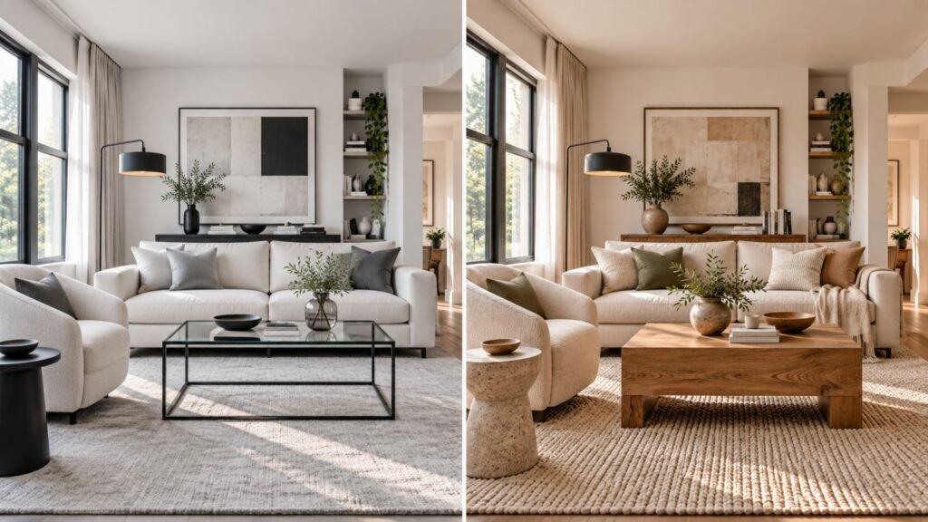 Comparison of a smooth conventional modern living room with the same room using natural wood, linen, wool, stone, and ceramic