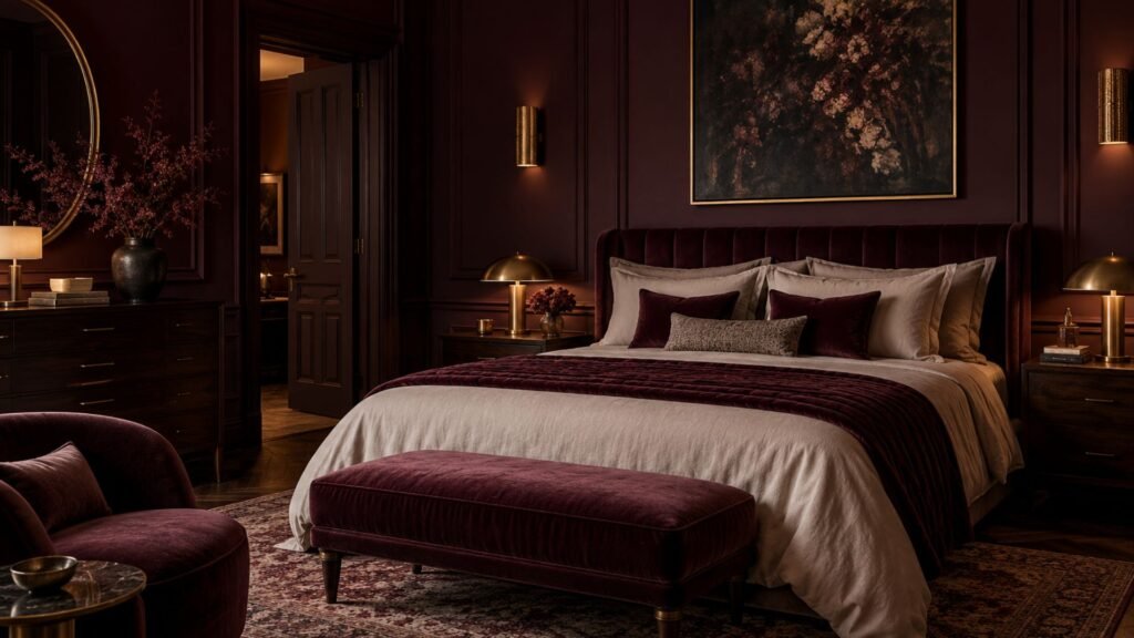 Moody luxury bedroom with deep aubergine walls, velvet furnishings and dark wood accents
