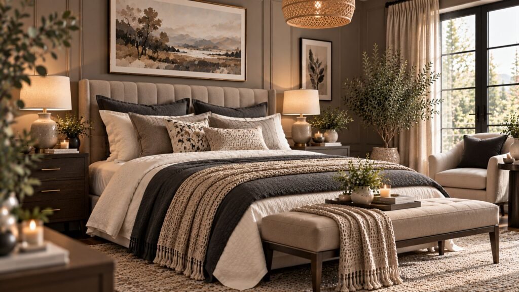 Refined neutral bedroom with mushroom-colored walls, charcoal bedding, taupe upholstery and layered cream textiles.