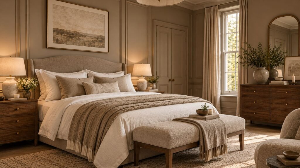 Mushroom color-drenched bedroom with matching painted doors and paneling, ivory bedding and a walnut dresser.