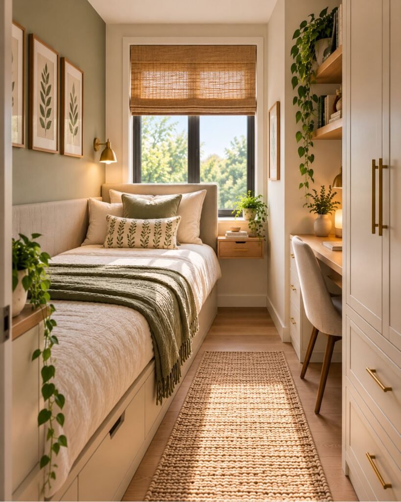 Long narrow bedroom with the bed and storage arranged to maintain a clear circulation path through the room.