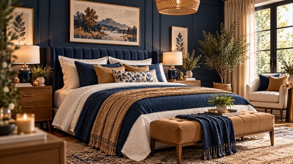 Tailored bedroom with navy blue paneled walls, tufted headboard, camel upholstered bench and brass accents.