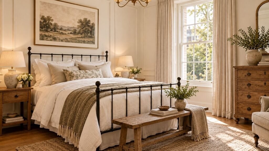 Warm white neutral bedroom ideas with a slim black iron bed, antique oak chest and tall sash window in a classic room.
