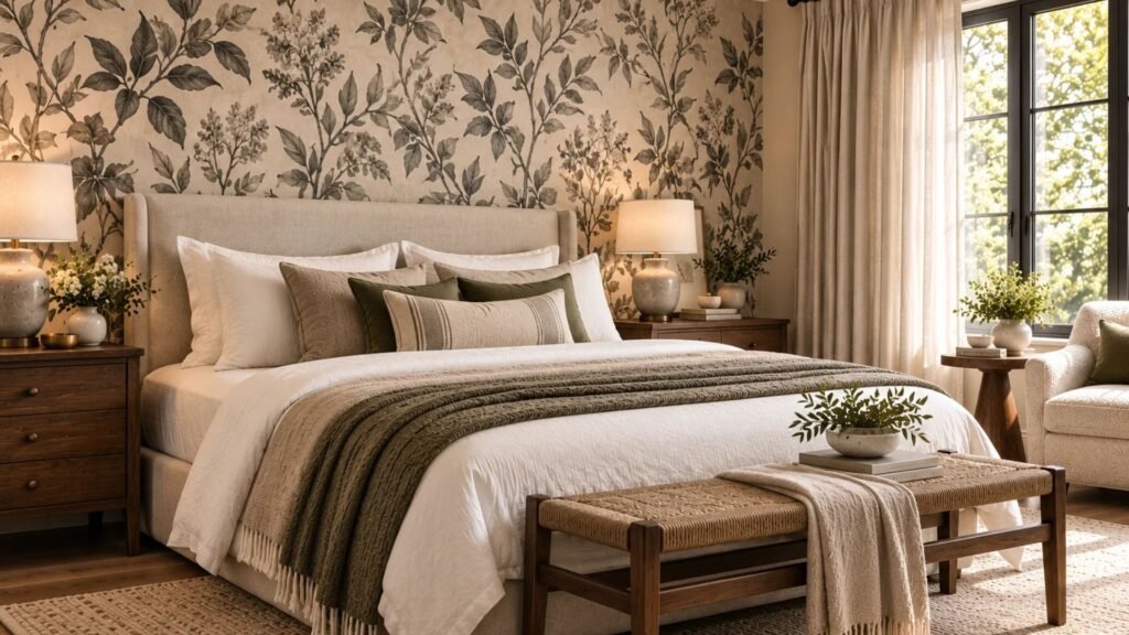 Neutral bedroom with low-contrast charcoal botanical wallpaper, plain linen bed and dark oak furniture.