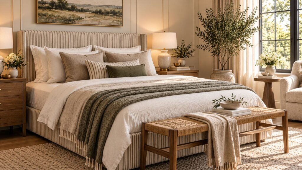 Neutral bedroom with taupe ticking-stripe headboard, ivory walls and restrained traditional furnishings.