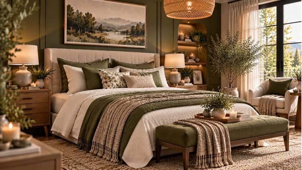 Cozy bedroom with olive green walls, warm stone-colored upholstery, layered neutral bedding and natural wood furniture.