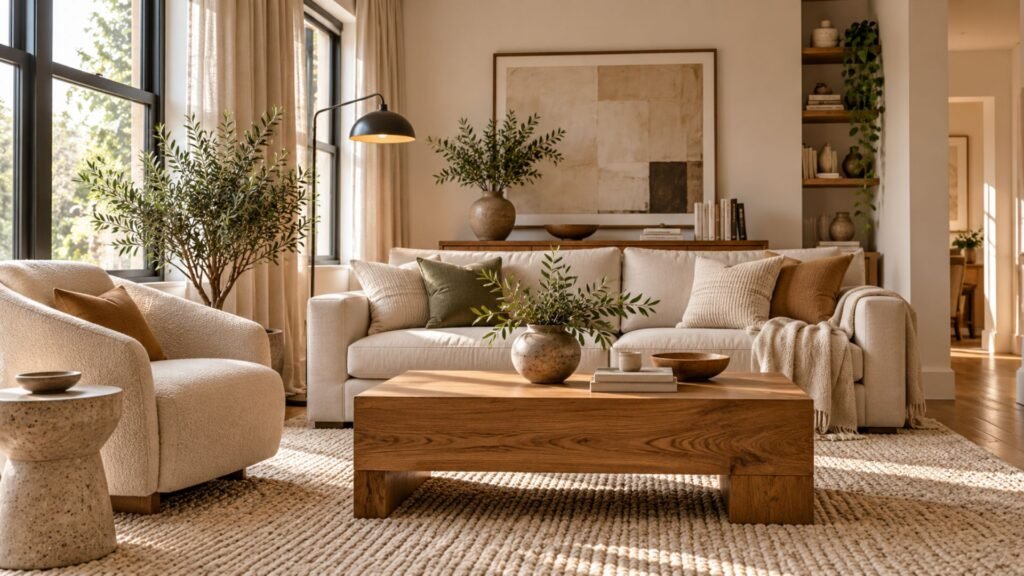 Organic modern living room with an oatmeal sofa, oak coffee table, wool rug, stone side table, and restrained black lighting