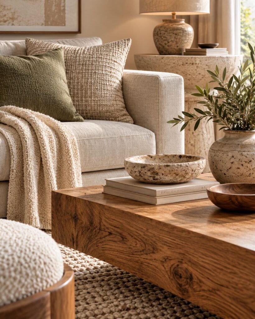Organic modern materials including oak grain, linen upholstery, wool, matte stone, and handmade ceramic