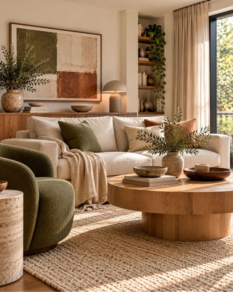 Organic modern living room with a cream sofa, muted olive chair, oak table, wool rug, and stone side table