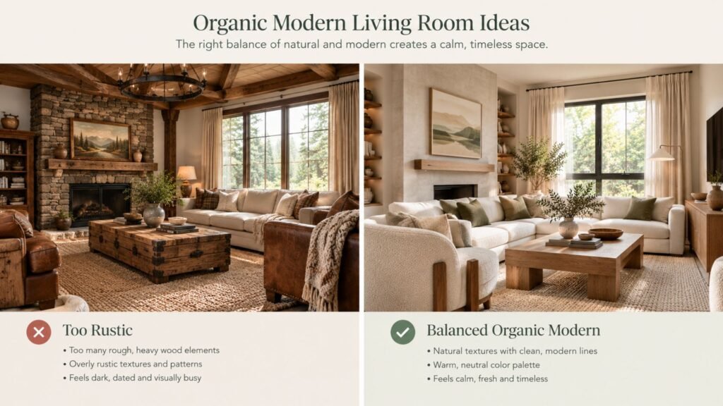 Comparison of an overly rustic living room with the same room balancing clean modern forms and natural materials