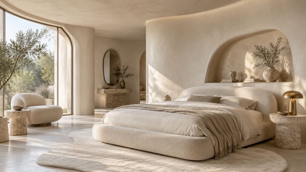 Organic sculptural luxury bedroom with curved plaster walls, a rounded upholstered bed and limestone surfaces