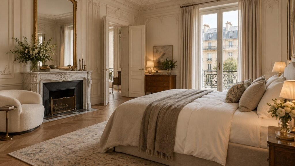 Parisian luxury bedroom with decorative wall moldings, antique mirror and herringbone wood flooring