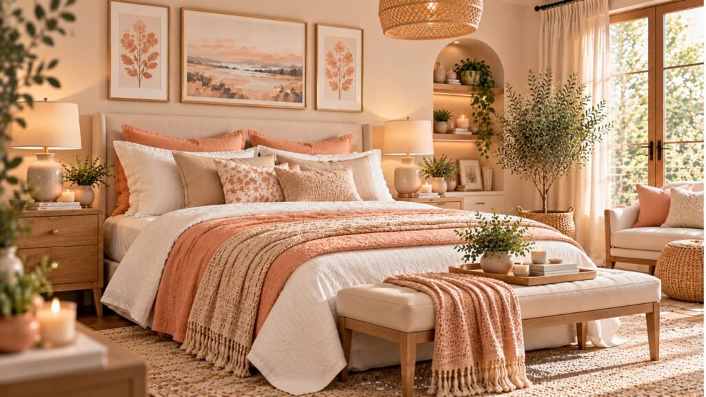 Bright bedroom with soft peach accents, warm white bedding, light wood furniture and botanical artwork.