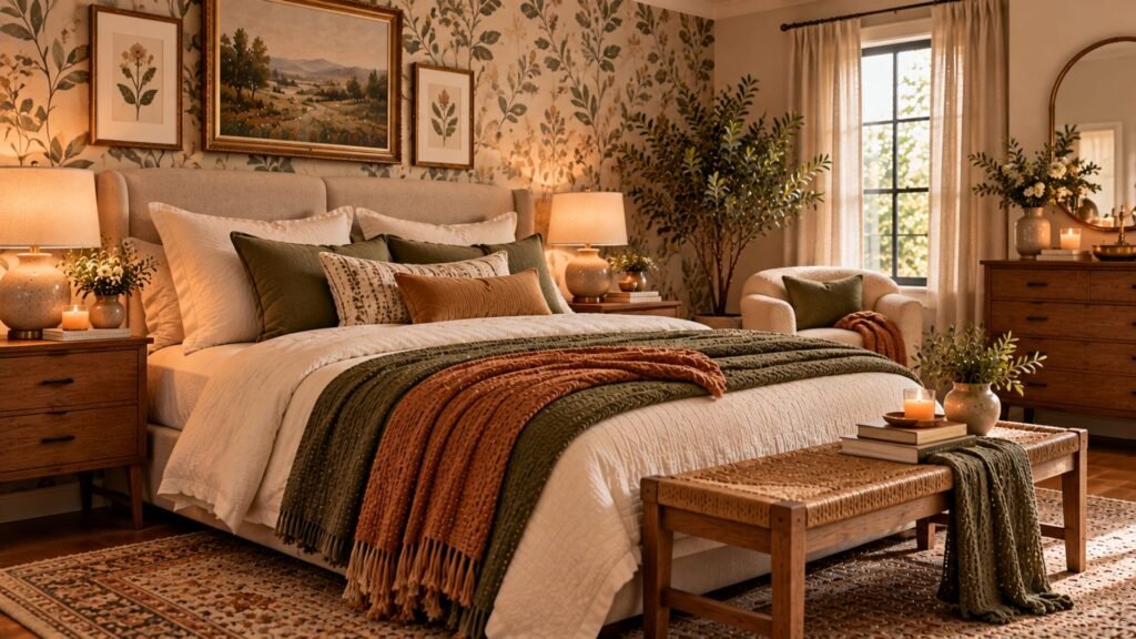 Personalized cozy bedroom with framed artwork, books, textured bedding and meaningful decorative objects