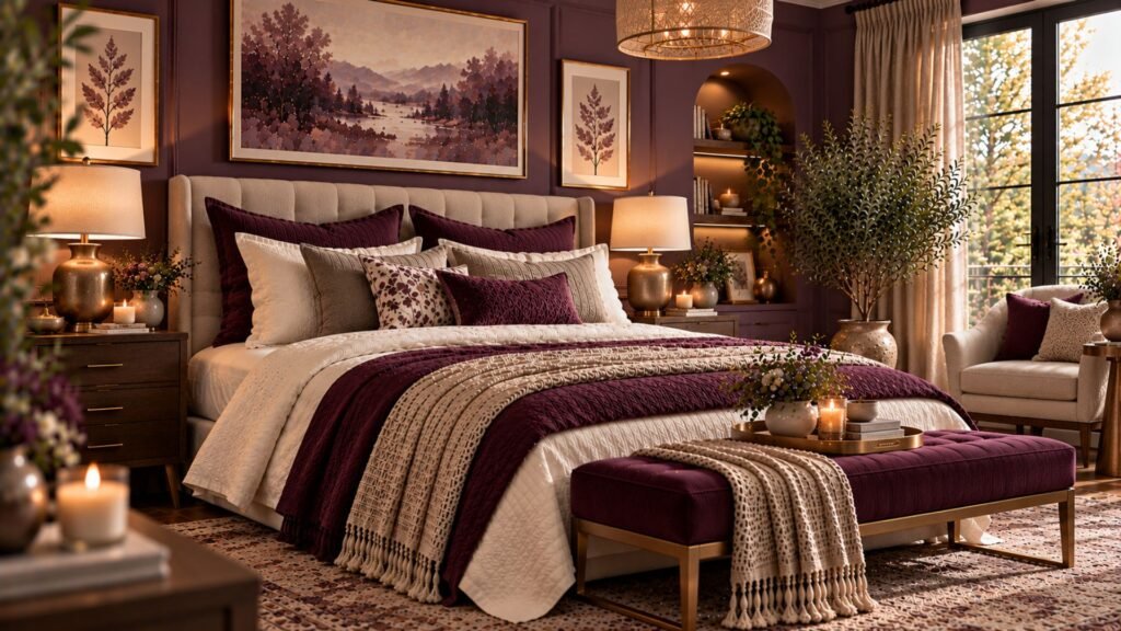 Moody bedroom with deep plum walls, mushroom-colored upholstery, burgundy bedding and warm brass lighting.