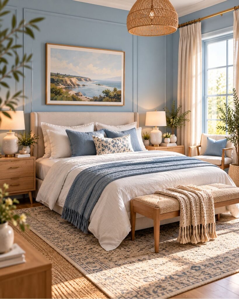 Powder blue bedroom with warm white bedding, pale wood furniture and softly layered linen curtains.