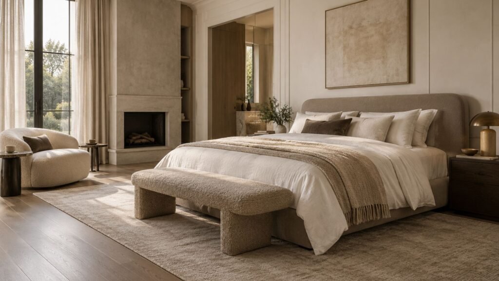 Understated quiet luxury bedroom with taupe upholstery, oak furniture and tactile stone finishes
