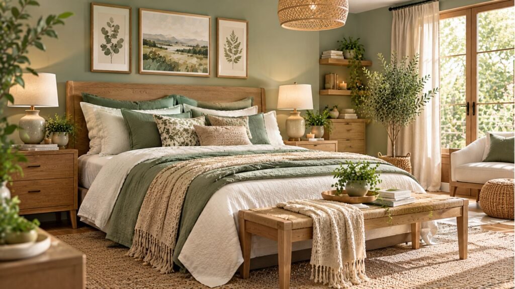 Organic-style bedroom with sage green walls, natural oak furniture, cream bedding and botanical artwork.