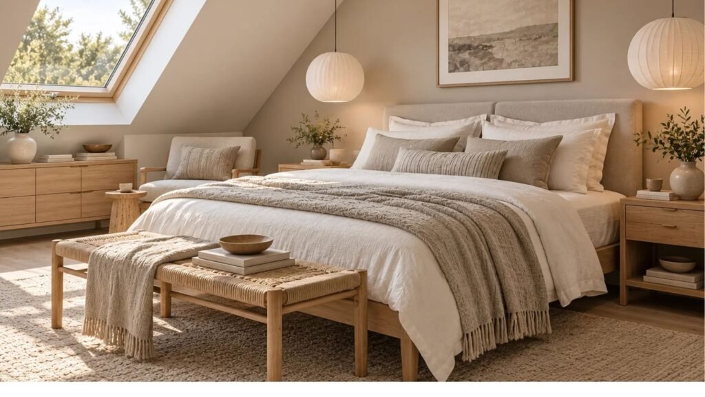 Scandinavian neutral attic bedroom with oat linen bedding, pale ash furniture and daylight through a roof window.