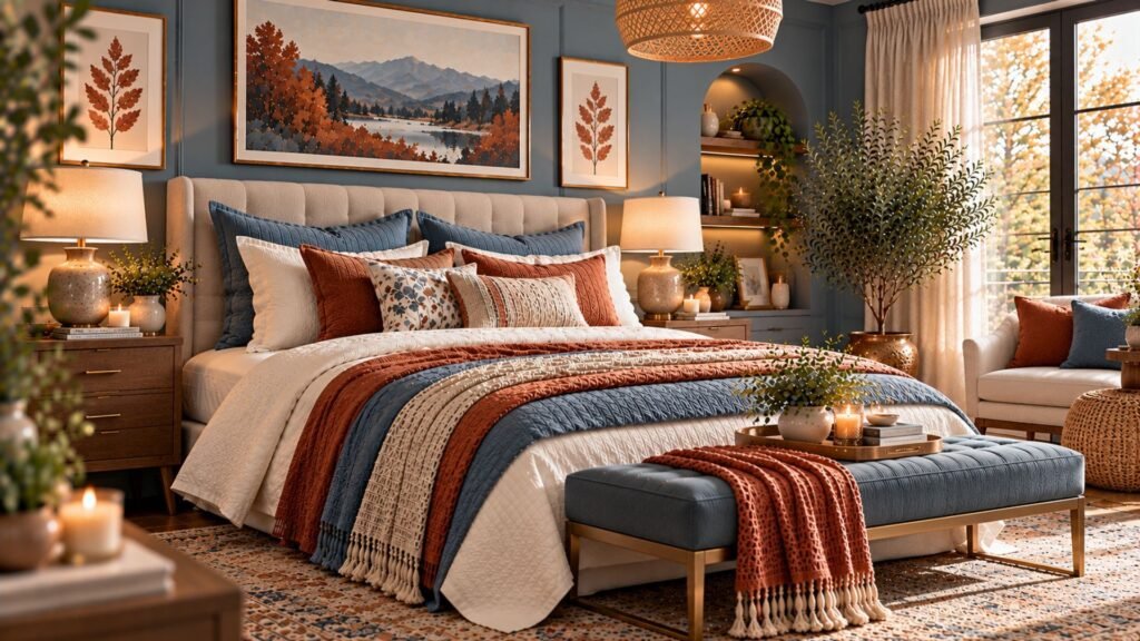 Stylish bedroom with slate blue walls, rust-colored cushions and throws, cream bedding and warm wood furniture.