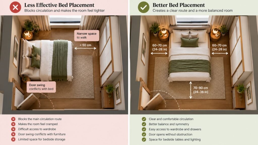 Small bedroom layout comparison showing awkward bed placement beside blocked circulation and a better arrangement with a clearer route.