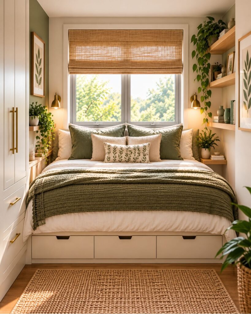 Small bedroom with a low-headboard bed positioned beneath the window, leaving surrounding walls available for storage.