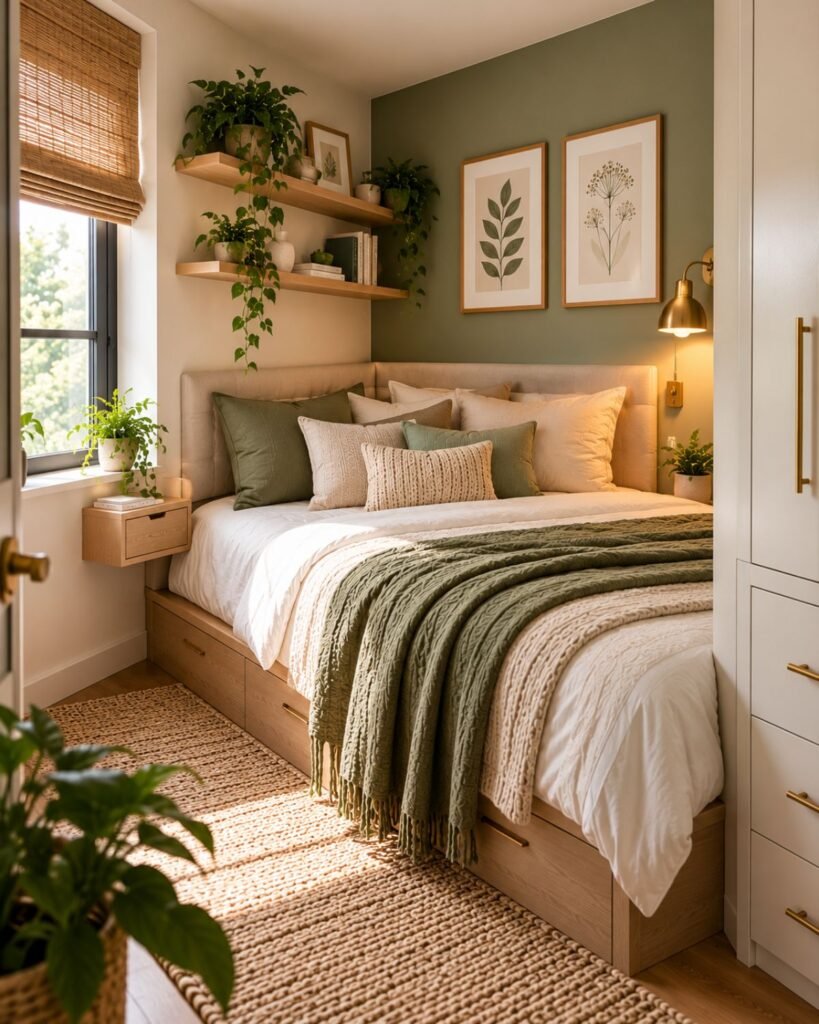 Small bedroom with a bed positioned against the corner to create more open floor space and a clear walking route.