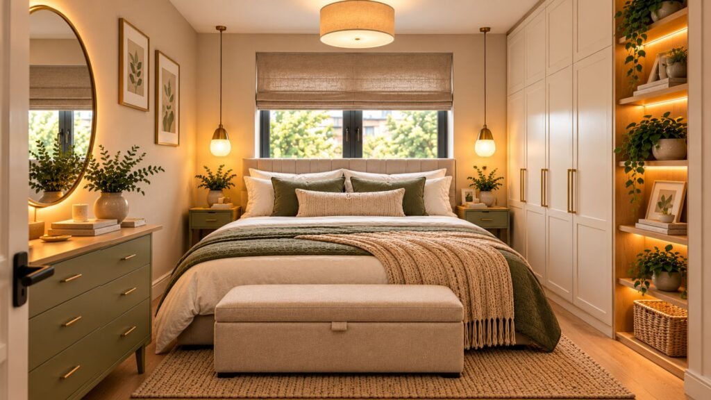 Finished small bedroom with a well-positioned bed, concealed storage, clear circulation, layered lighting and restrained personal decor.