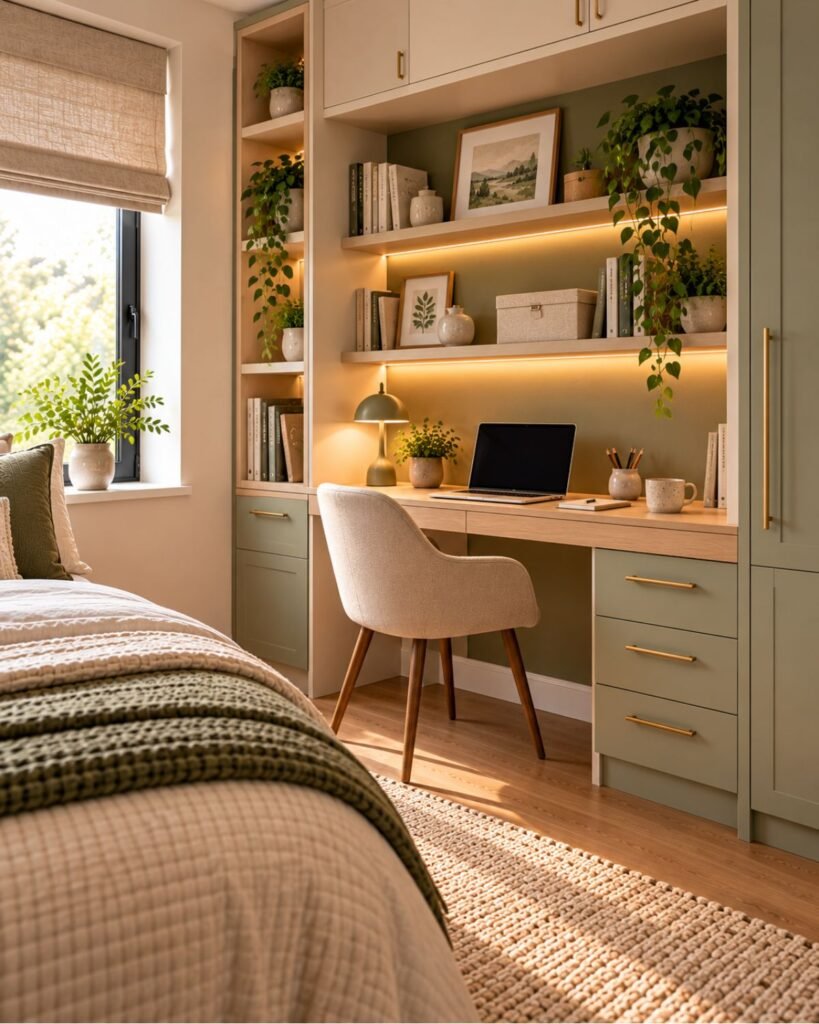Compact bedroom desk with integrated drawers and shelving for efficient small-space storage
