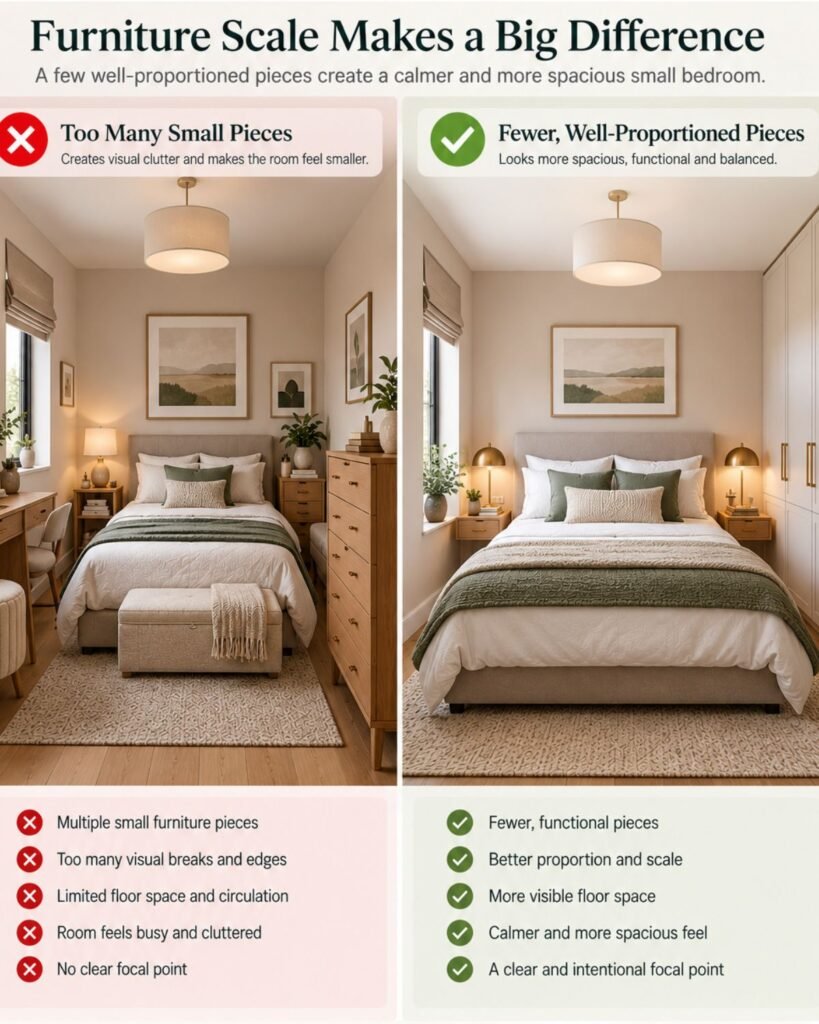 Small bedroom comparison showing fragmented undersized furniture beside a calmer layout using fewer correctly scaled pieces.