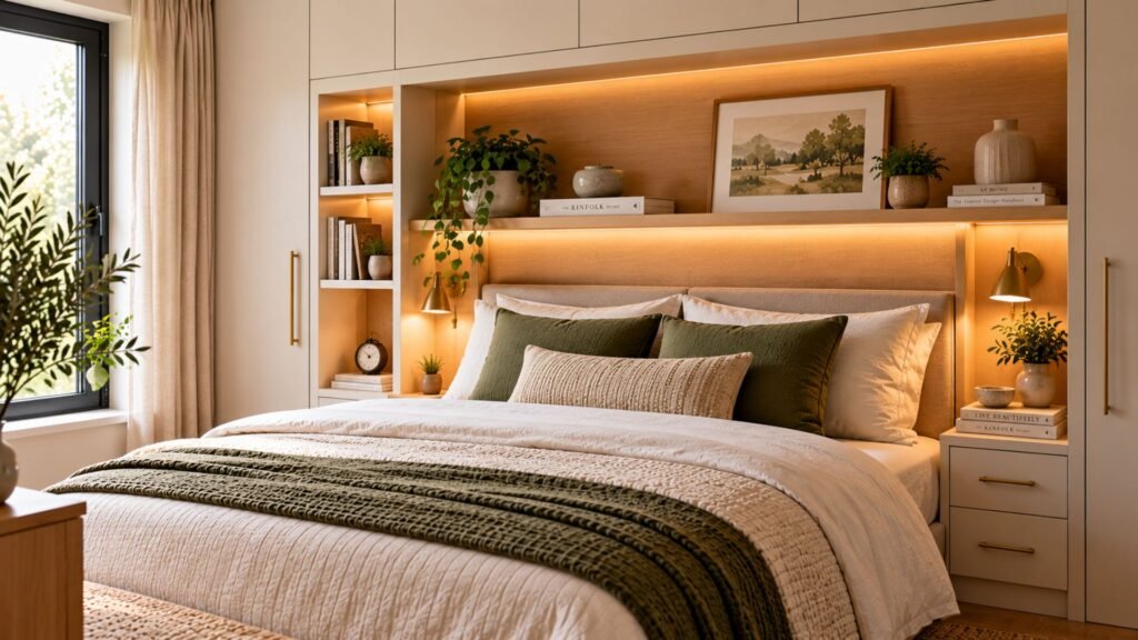 Small bedroom with shallow built-in headboard storage, bedside niches and concealed cabinets