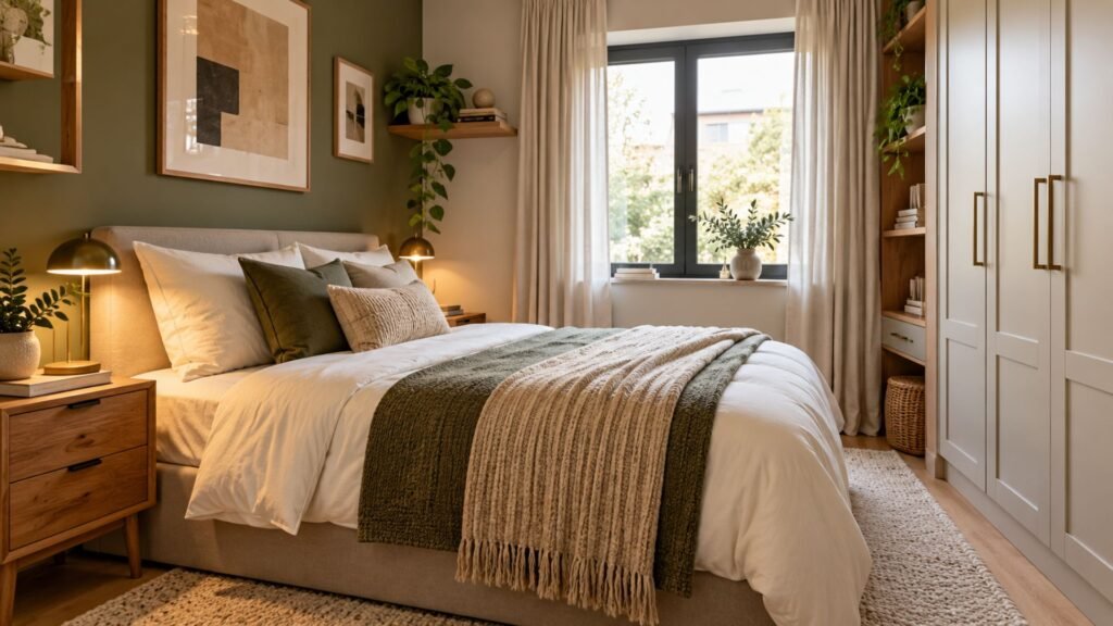 Small bedroom ideas with built-in vertical storage, under-bed drawers, floating shelves, light wood finishes, olive green accents, and natural light.