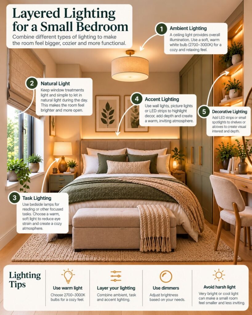 Small bedroom at night with soft ambient lighting, wall-mounted bedside reading lights and subtle accent lighting.