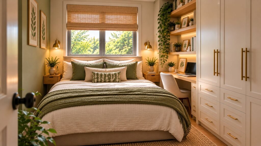 Finished small bedroom with a well-positioned bed, accessible storage, clear circulation and minimal space-saving furniture.