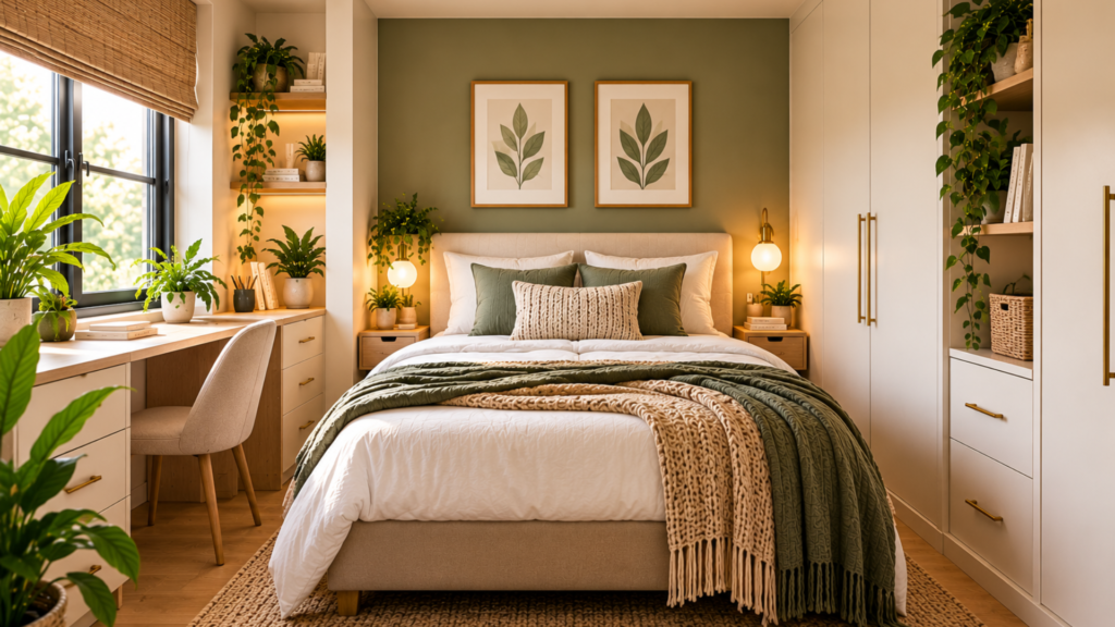 Small bedroom layout ideas with a well-planned furniture layout, clear walking space, compact storage and a balanced bed position.
