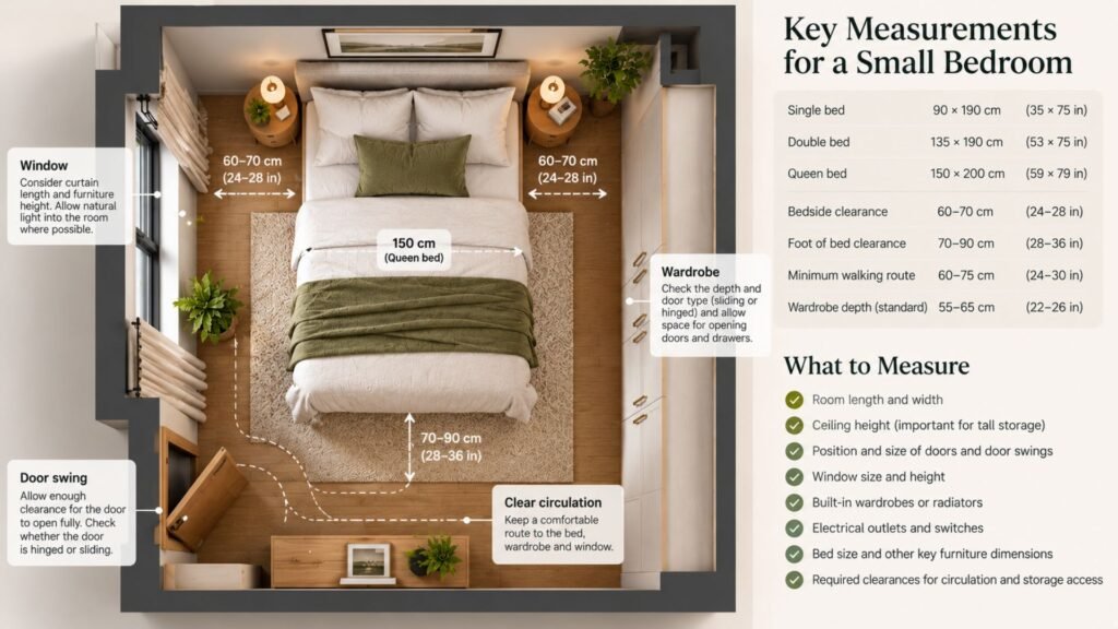 Small bedroom floor plan showing bed, door, window, wardrobe and clear circulation routes.