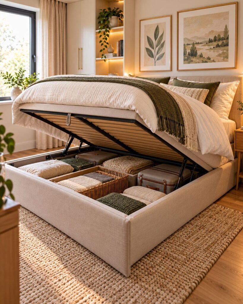 Lift-up storage bed in a small bedroom with bedding stored inside the compartment beneath the mattress