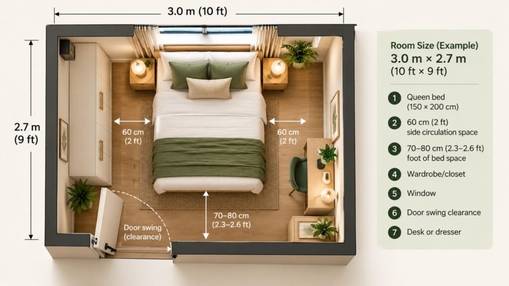Small bedroom floor plan showing room measurements, bed dimensions, window, door swing, closet and circulation space.