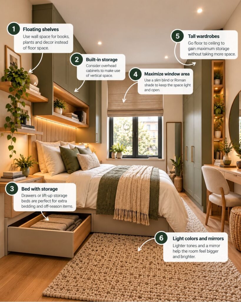 Compact bedroom with storage bed, small bedside shelf and integrated storage providing multiple functions without crowding the floor.