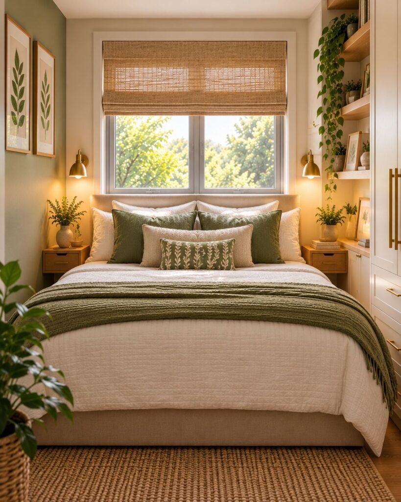 Small bedroom with a queen bed, narrow bedside tables, wall-mounted lighting and space-saving storage.