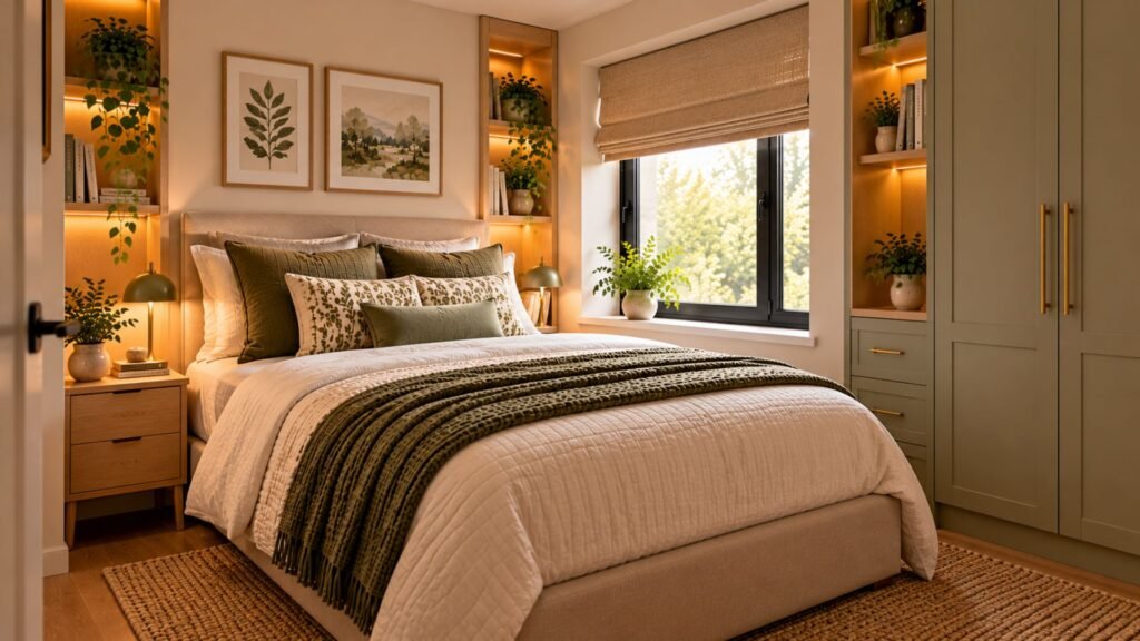 Organized small bedroom with under-bed storage, tall wardrobes, floating bedside furniture and clear floor space
